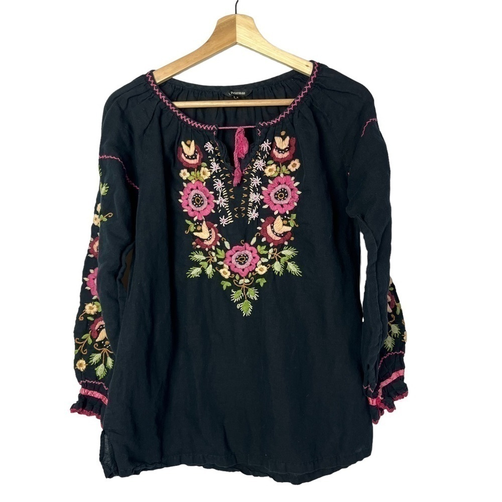 J Peterman Black Floral Embroidered Boho Long Sleeve Blouse S